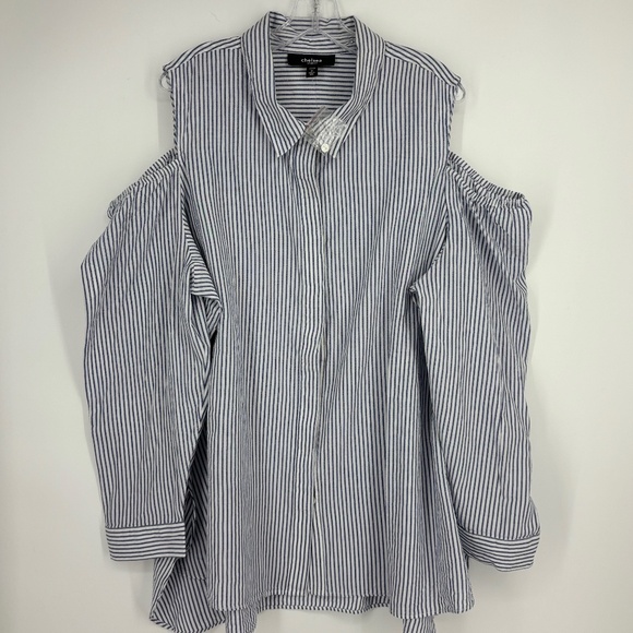 Chelsea Studio Womens 1X 22 24 Button Up Shirt Blue White Cold Shoulder Long Slv - Picture 1 of 10